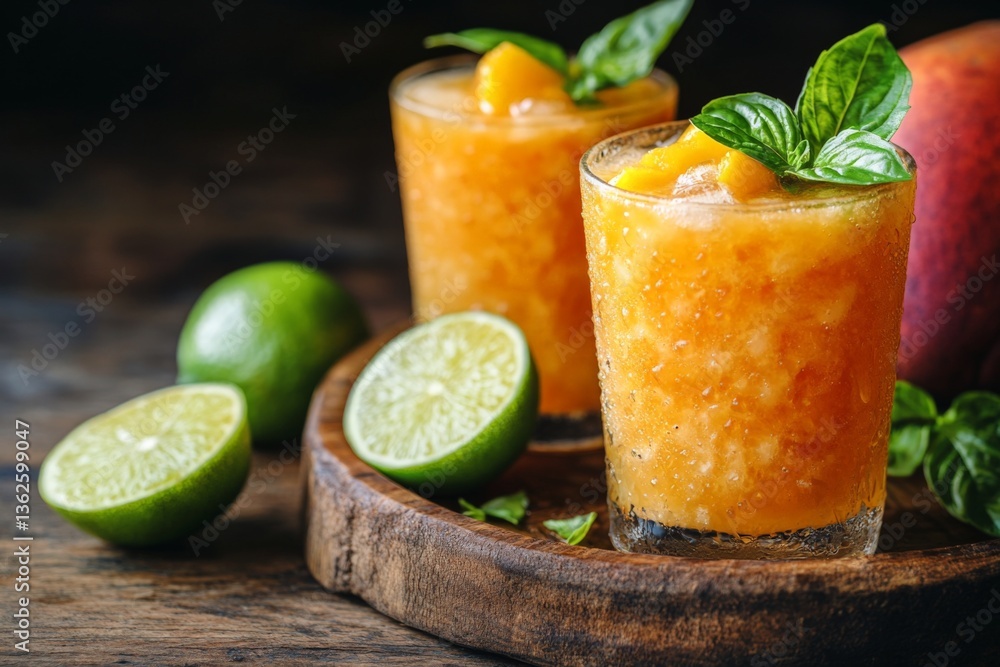 Aufkleber Tropical mango and lime slushes topped with fresh basil in rustic setting
