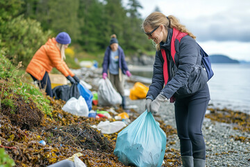 woman is picking up trash on a beach. She is wearing a black jacket and gloves. There are other people on the beach as well