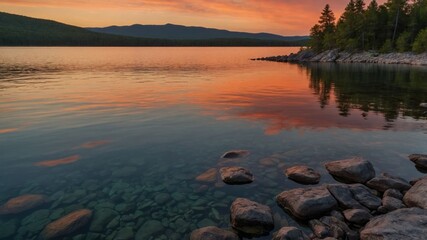 Serene lakeside view at sunset with clear water and rocky shoreline.