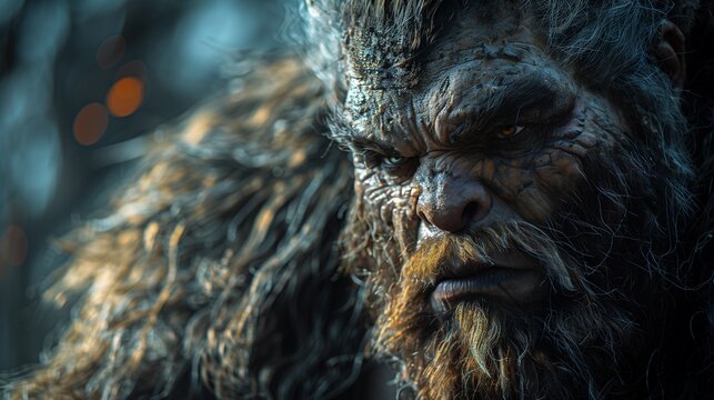 Cyclop with Fur and Intense Eyes in a Dark Background with Sparks