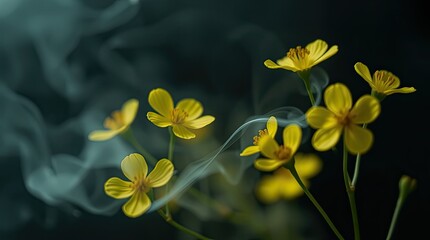 Fototapeta premium Delicate yellow wildflowers gracefully rise amidst soft swirling smoke creating a mystical ambiance in a low light environment
