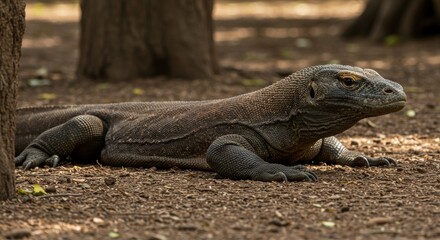 Obraz premium Komodo dragon resting on forest floor in Indonesia 
