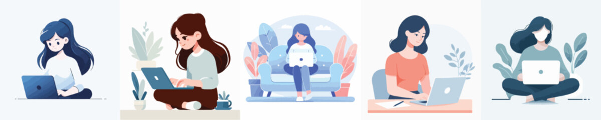 vector woman playing laptop