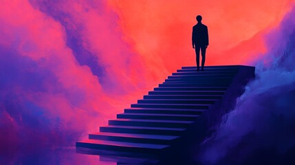Silhouette of a person standing on stairs amidst colorful clouds at dusk.
