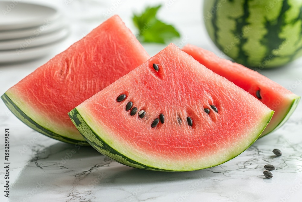 Poster fresh watermelon slices arranged on a marble countertop with a whole watermelon in the background du