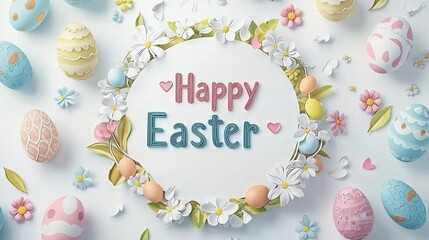 Happy Easter with Eggs and Floral Hearts. For Holiday Wishes.