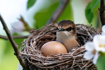 A close-up view of a charming hummingbird sitting in its nest beside a single egg, beautifully highlighting the miracles of nature and the nurturing instincts of this avian species.