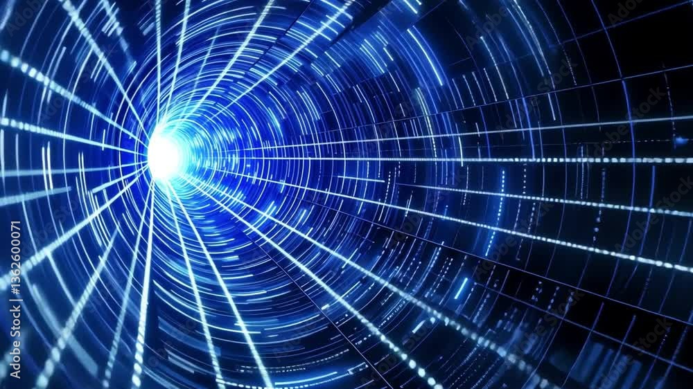 Poster mesmerizing abstract digital tunnel vibrant blue light swirls in motion, creating depth and evoking 