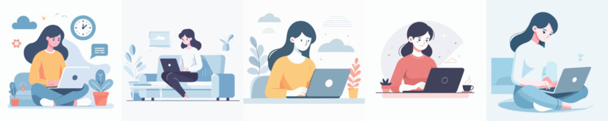 vector woman playing laptop