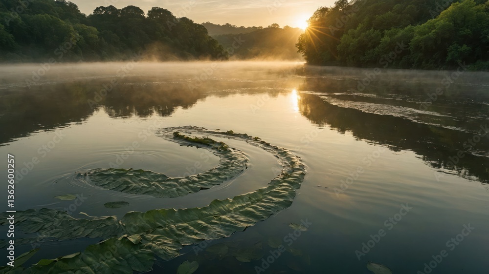 Poster serene river at sunrise with mist and lily pads creating a winding pattern.