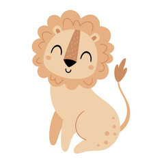 Cute lion isolated cartoon design. Jungle, safari, tropical animal clipart, hand drawn vector illustration in flat style