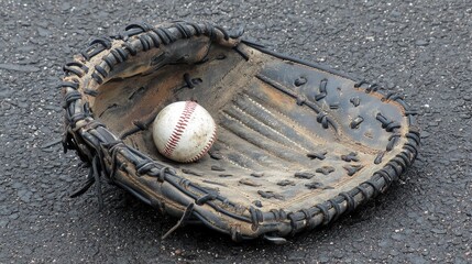 A beautifully textured catcher's mitt, dark laces contrasting with the soft white baseball inside