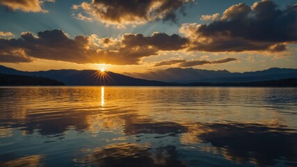 Naklejka premium A serene sunset over a calm lake, reflecting mountains and clouds in the water.