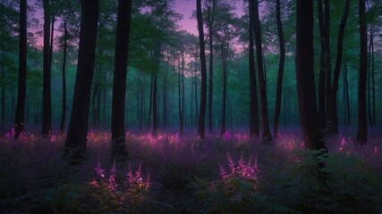 Fototapeta premium A serene forest scene at dusk, illuminated by glowing purple flowers among lush greenery.