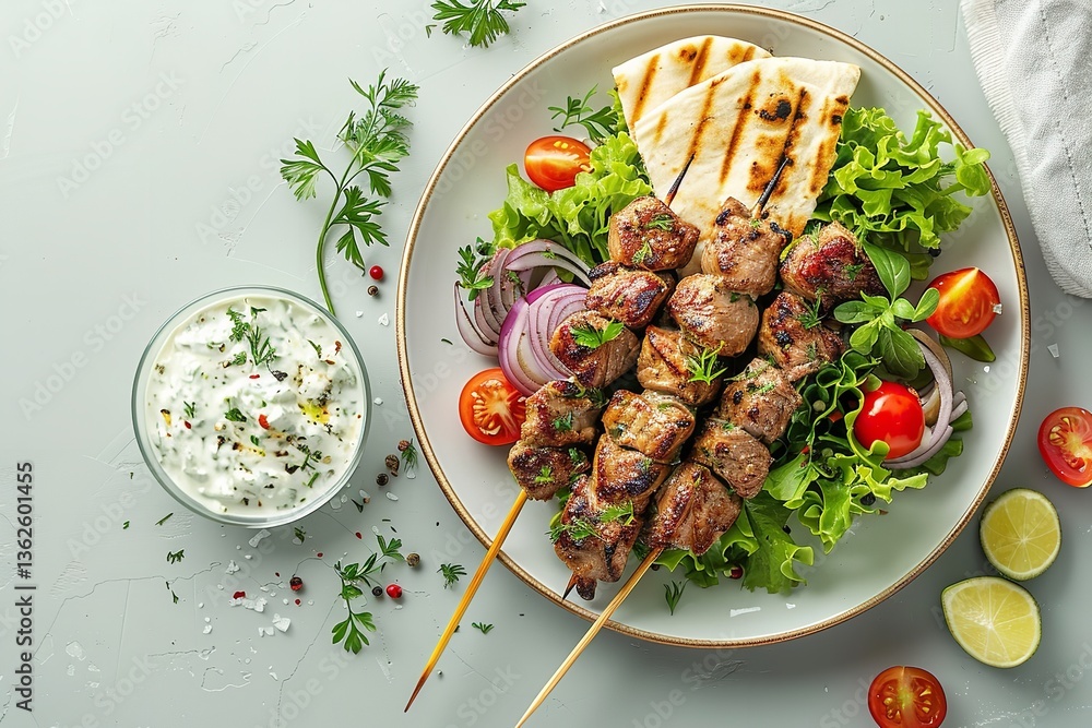 Poster close-up of grilled lamb skewers on a dish with pita bread and tzatziki sauce against a light green 