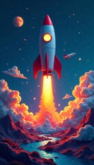 Obraz premium A growing rocket soaring above a landscape of interconnected gears and tools, business, rocket