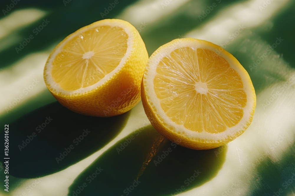 Poster freshly sliced lemons resting on a green surface, casting shadows during the morning light