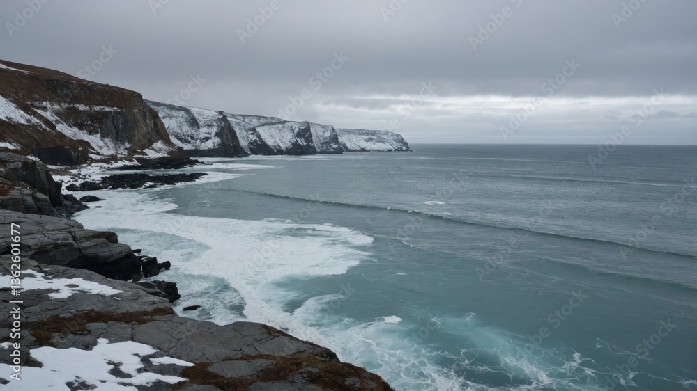 Poster a scenic coastal view featuring cliffs and waves under a cloudy sky.