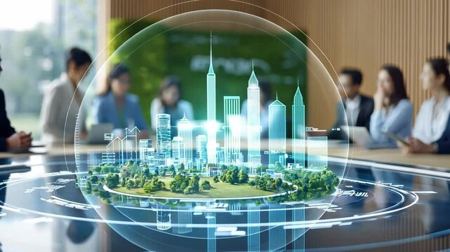 Smart City Planning: A team of professionals collaborate around a table, with a holographic projection of a smart city design showcasing urban development and sustainable living concepts. - Powered by Adobe
