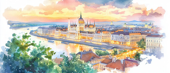 Fototapeta premium watercolor painting of Budapest Parliament glowing at sunset by riverfront