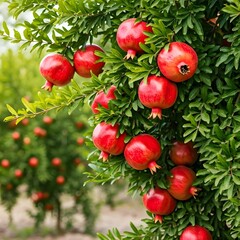 Obraz premium An orchard of vibrant pomegranates, the ruby-red fruit shining against the dark green leaves, AI Generated