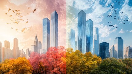 Obraz premium Smart city transformation urban skyline watercolor image vibrant seasons aerial view conceptual innovation
