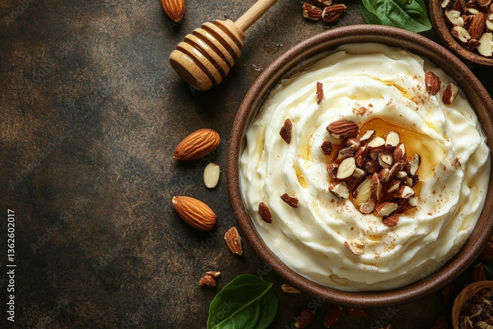 Poster Creamy yogurt topped with nuts and honey on a rustic background