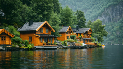 Fototapeta premium Lakeside cabins nestled at the foot of forest-covered mountains