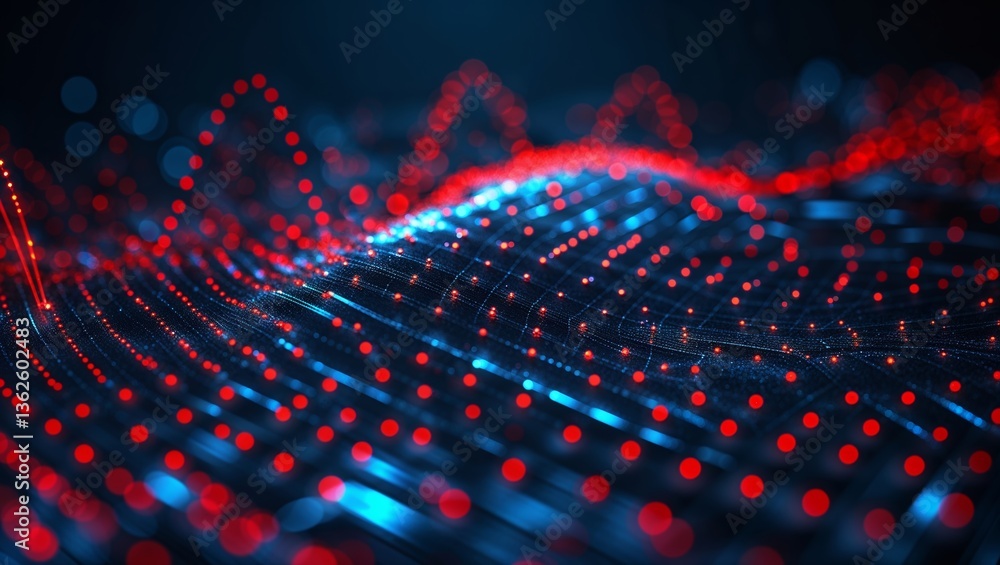 Fototapete Colorful abstract wave pattern with glowing dots and lines representing data flow in a digital landscape at night