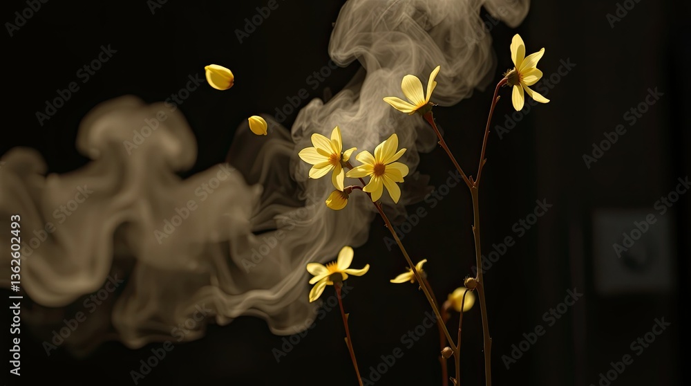 Poster delicate yellow flowers stand tall as fragrant steam swirls softly around them in a tranquil indoor 