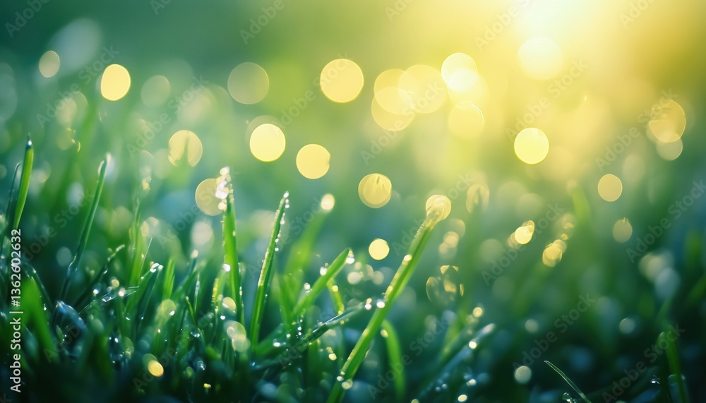 Poster natural close-up of morning dew on spring grass with soft focus and round bokeh, glistening in the s