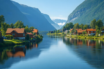 Fototapeta premium Lakeside houses flanked by forested mountains under blue skies reflected in still water