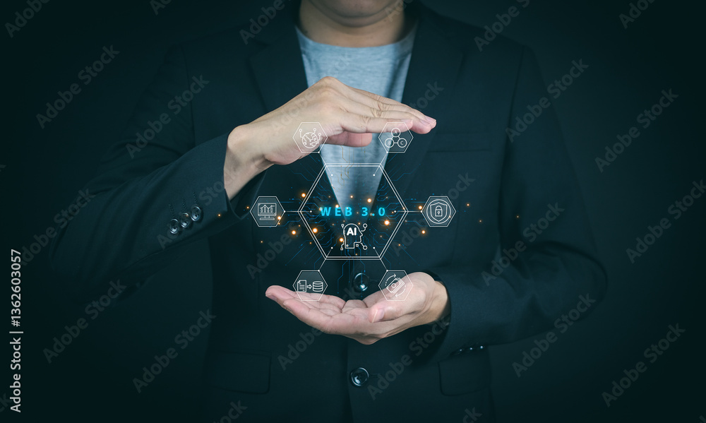 Poster a man in a suit holds a transparent glass, surrounded by digital icons representing web 3.0 technolo