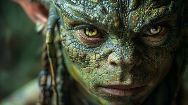 Skvader with Scales and Yellow Eyes in a Forest with Braided Hair