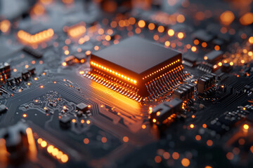 Close-up of a glowing microchip on a circuit board with illuminated connections