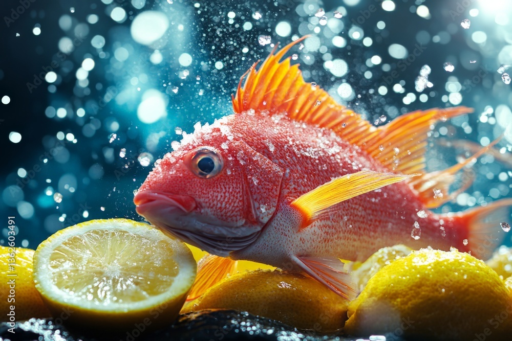 Aufkleber Freshly caught fish resting on lemon slices with water droplets in a dynamic kitchen setting