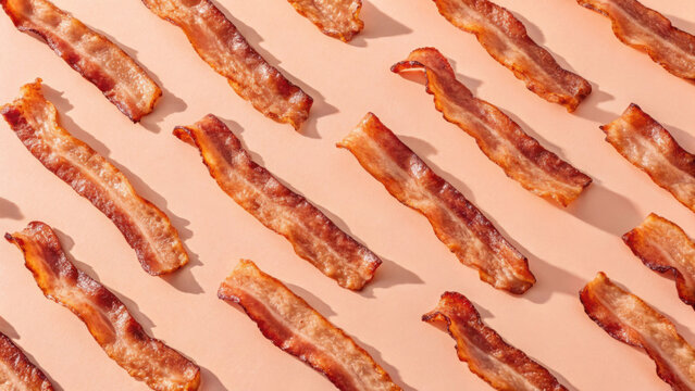 Crispy bacon strips arranged in minimalist pattern on soft background create visually appealing breakfast concept