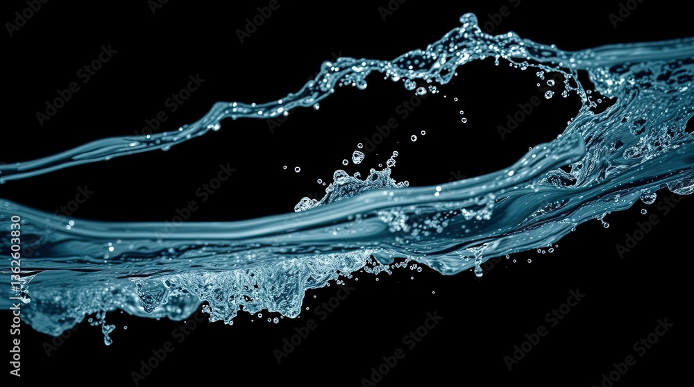 Aufkleber water flows and splashes dynamically forming intriguing shapes and patterns against a solid black ba