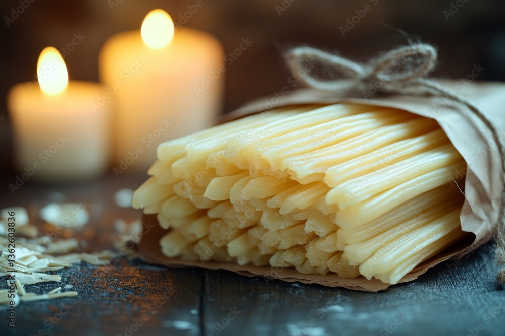 Poster handmade beeswax candles wrapped in paper with warm candlelight glow in a cozy setting