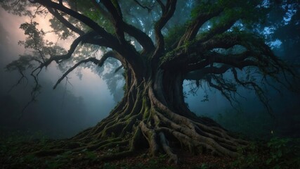 A majestic tree with intricate roots surrounded by misty atmosphere.