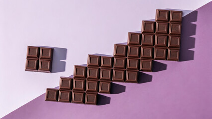 Obraz premium Delightful chocolate arrangement on minimalist background, showcasing dark chocolate squares in creative layout
