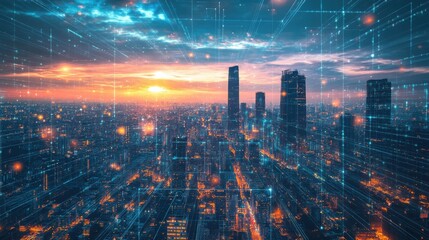 Fototapeta premium New Delhi city with skyscrapers view, digital data stream connecting concept, smart urban development. advanced network technology.