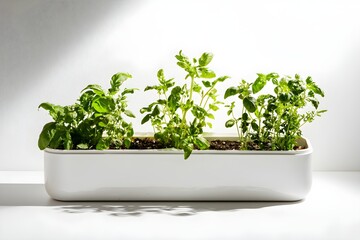 Fototapeta premium indoor herb garden concept A modern planter filled with lush green herbs against a clean backdrop.