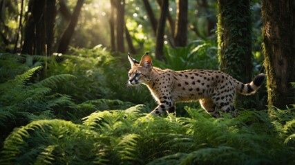 Obraz premium A serval walking gracefully through a lush, green forest filled with ferns.