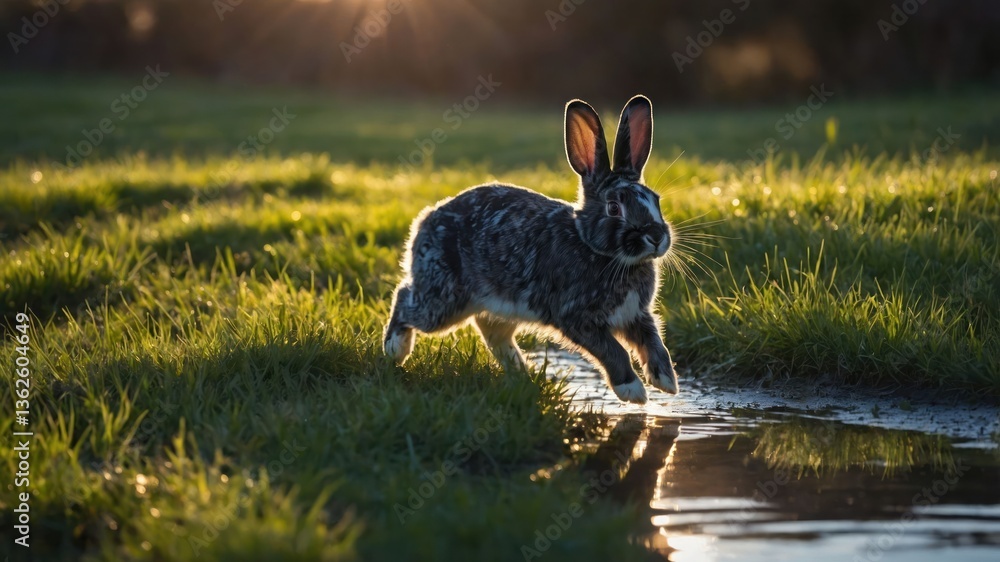 Poster a rabbit leaps through a grassy field near a stream, illuminated by soft sunlight.