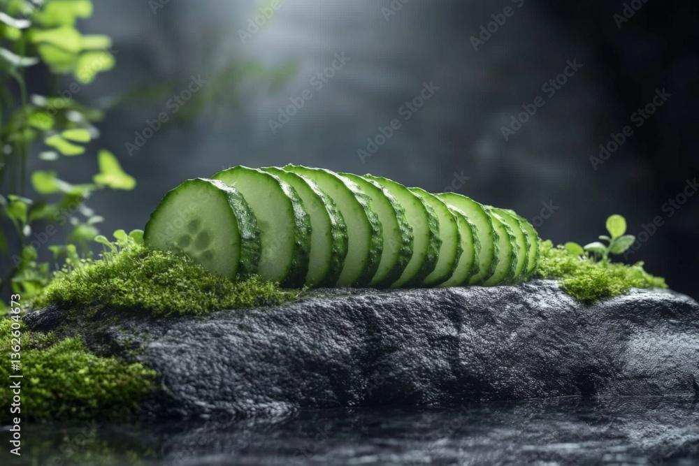 Aufkleber Freshly sliced cucumber resting on a natural stone surface surrounded by greenery in a tranquil setting