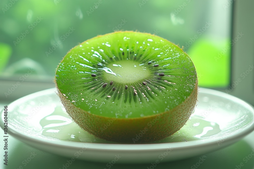 Poster fresh kiwi slice displayed on a white plate next to a window surrounded by green foliage