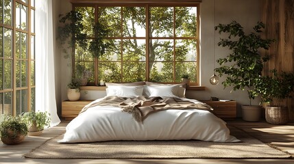 Serene modern bedroom with a cozy neutral bed soft throw blankets and potted plants 3D rendering illustration