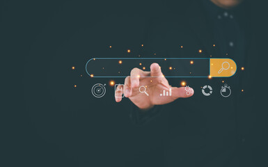 A hand reaching toward a search bar, surrounded by icons, symbolizing digital interaction and data...