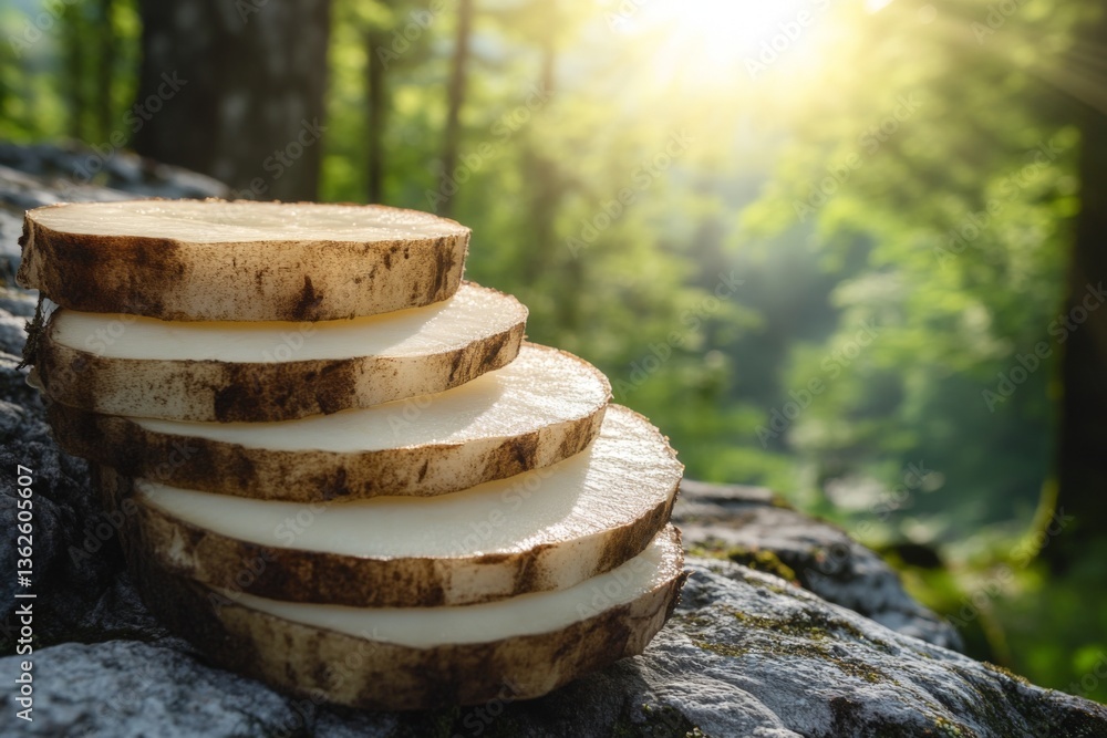 Poster freshly sliced root vegetables resting on rocky surface in a sunlit forest during early morning hour